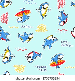 Seamless vector pattern fun shark playing surfing