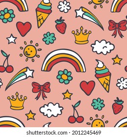 Seamless vector pattern with fun summer stickers on pink background. Simple happy party wallpaper design. Decorative retro child fashion textile.