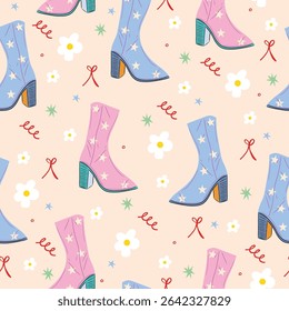 Seamless vector pattern with funky disco boots, cherry blossom flower, and bow. Pastel pink cute retro girly background.