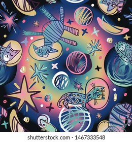 Seamless vector pattern with funny astronaut cats in the space. The design is suitable for children clothes, wallpaper, stationary, sheets as well as for wrapping paper.