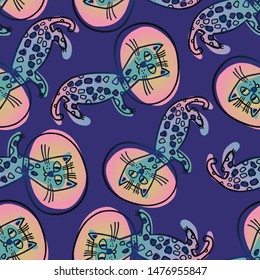 Seamless vector pattern with funny astronaut cats in the space. The design is suitable for children clothes, wallpaper, stationary, sheets as well as for wrapping paper. 