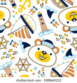 seamless vector pattern of funny bear wearing sailor cap, sailing element cartoon with marine animals