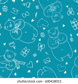 Seamless vector pattern with funny bears in cartoon style on blue colour background with cute elements like a gift, heart, box, flower, letter and bow