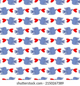 Seamless vector pattern with funny birds and hearts. Romantic love illustration for textile, fabric, backrgound, wrapping. Valentines day