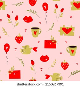 Seamless vector pattern with funny birds and hearts. Romantic love illustration for textile, fabric, backrgound, wrapping. Valentines day
