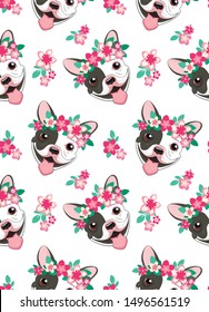 Seamless vector pattern with funny black and white french bulldog with pink flowers. Wallpaper with a beautiful puppy and delicate floweris isolated
on white background. children's print illustration