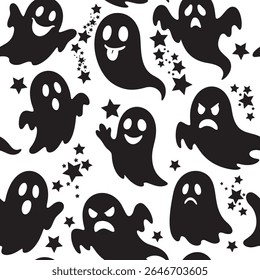 Seamless vector pattern of funny black ghost silhouettes with various facial expressions and stars on a white background. Cute Halloween style design with playful and spooky vibes. For fabric, prints.