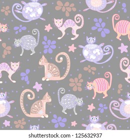 Seamless vector pattern with funny cartoon cats