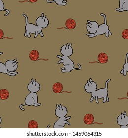 Seamless vector pattern of funny cartoon grey kittens playing with red yarn ball on brown background. Simple cute wallpaper design with cats having fun.