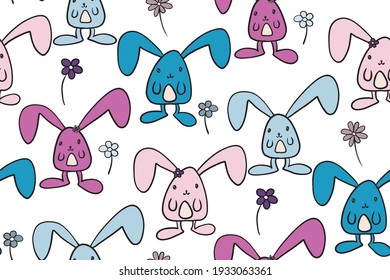 Seamless vector pattern with funny cartoon rabbits and flowers
