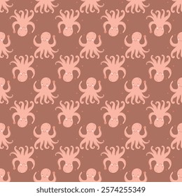 Seamless vector pattern with a funny cartoon octopus animals. 