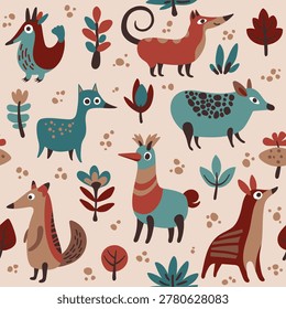 
Seamless vector pattern with funny cartoon fantasy animals and plants in brown and bluish tones on a light beige background.