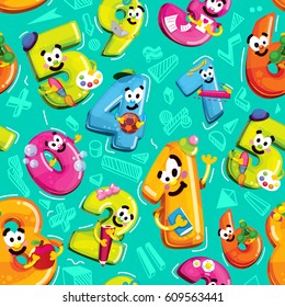 Seamless vector pattern of funny cartoon figures. School life and mathematics on a blue background. Numbers of figures with smiles characters