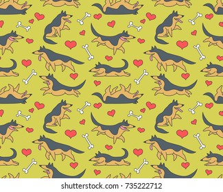 Seamless vector pattern with funny cartoon german shepherd dogs and bones and hearts