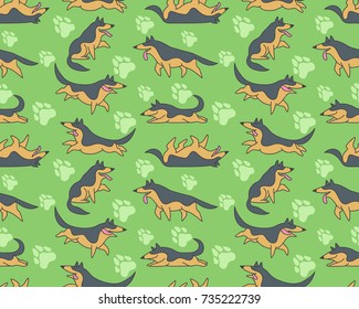 Seamless vector pattern with funny cartoon german shepherd dogs and paw prints