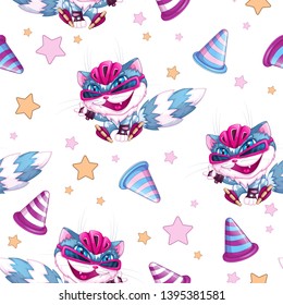 Seamless vector pattern with a funny cat on roller skates and in a helmet, dividing chips for slalom. Cartoon sport background with cute character.