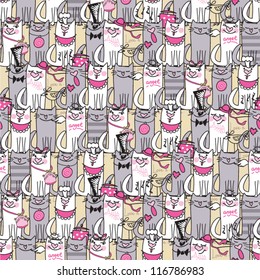 Seamless vector pattern with funny cats. Hand drawn doodle seamless pattern background with funny cats.