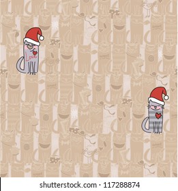 Seamless vector pattern with funny cats in Christmas theme.