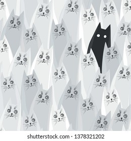 Seamless vector pattern with funny cats and one weird black