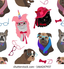 Seamless vector pattern with funny cats and dogs portraits. Template for textile design, cards and gift wrappings. On white background.