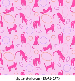 Seamless vector pattern with funny cats on pink background. Children's seamless pattern. Funny pink cats in different poses