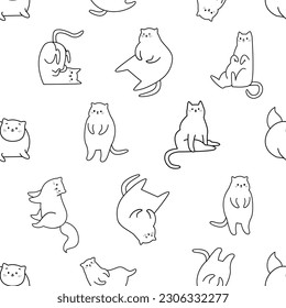 Seamless vector pattern with funny cats. Linear style kittens, funny and fun 