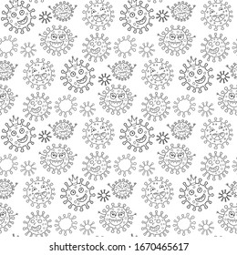 Seamless vector pattern with the funny cells of coronavirus. Outline illustration. Perfect for coloring books and pages for kids and adults.