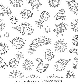 Seamless vector pattern with the funny cells of coronavirus. Outline illustration. Perfect for coloring books and pages for kids and adults.