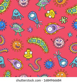 Seamless vector pattern with the funny cells of coronavirus. Bacteria and germs texture. Design for children.