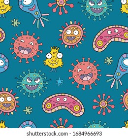 Nahtlose Vektorillustration mit den lustigen Zellen des Coronavirus. Bakterien und Keimgewebe. Design für Kinder.