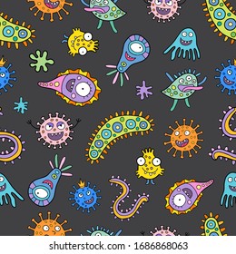 Seamless Vector Pattern With The Funny Cells Of Coronavirus. Bacteria And Germs Texture. Design For Children.