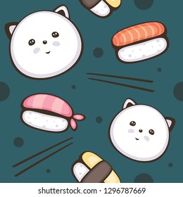 Seamless vector pattern with funny cheerful cat and sushi. Cute cartoon character. Template for sushi bar decoration, fabric and wrapping. Japanese menu.