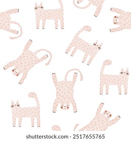Seamless Vector Pattern with Funny Cheetah on a White Background. Cute Hand Drawn Wild Cats Repeatable Print. Safari Animals. Endless Design with Funny Leopards. RGB. Dotted Wild Kitties.