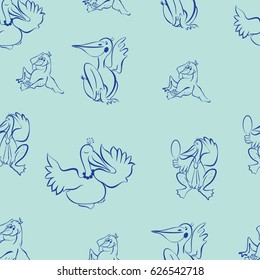 Seamless vector pattern with funny children's drawings. Funny pelicans on a blue background. Pattern for use on cloth diapers and baby accessories.