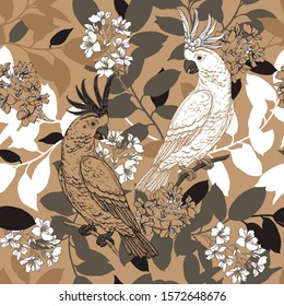 Seamless vector pattern with funny cockatoo parrots on tree branches. Bright background with birds and flowers