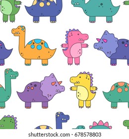 Seamless vector pattern with funny and colorful dinosaurs. 