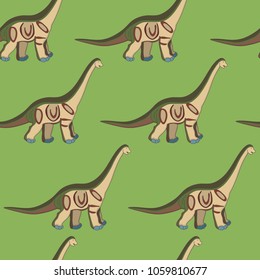 Seamless vector pattern with funny dinosaurs on a green background painted by hand draw.