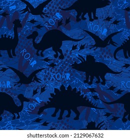 Seamless vector pattern of funny dinosaurs. Grunge childish background for textiles, fabrics. Texture with animals of the Jurassic period. Funny dino silhouettes. Wallpaper from prehistoric lizards.