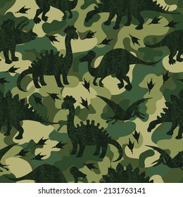 Seamless vector pattern with funny dinosaurs. Grunge children's background in khaki for textiles and fabrics. Military texture with animals of the Jurassic period. Camouflage template for design.
