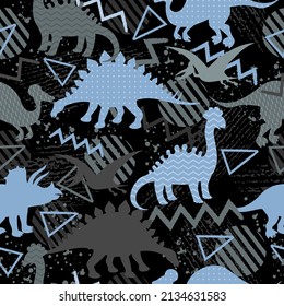 Seamless vector pattern with funny dinosaurs and geometric shapes. Dark children's grunge background for textiles, fabrics, t-shirts and wrapping paper. Cute jurassic dino design.