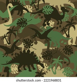 Seamless vector pattern with funny dinosaurs. Childish grunge background for textiles and fabrics. Military texture with animals of the Jurassic period. Camouflage template with prehistoric mammals.