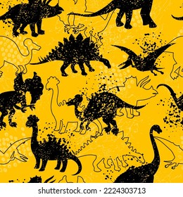 Seamless vector pattern of funny dinosaurs. Grunge childish background for textiles, fabrics. Texture with animals of the Jurassic period. Funny dino silhouettes. Wallpaper from prehistoric lizards.