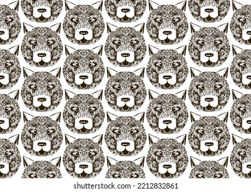 Seamless vector pattern of funny dog faces in the style of retro engraving