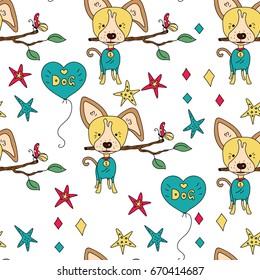 Seamless vector pattern with funny vector dog characters and decor elements. Hand drawn cartoon illustration.