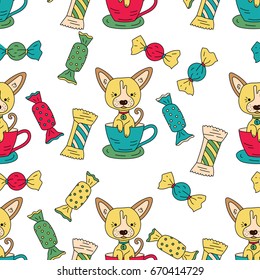 Seamless vector pattern with funny vector dog characters and decor elements. Hand drawn cartoon illustration.