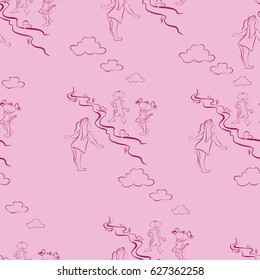 Seamless vector pattern with funny drawings for children. Girl and little children playing in the stream, on a pink background. Pattern for baby fabric, clothing and accessories.