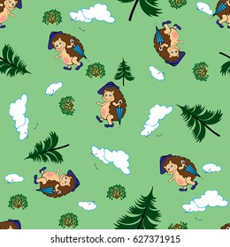 Seamless vector pattern with funny drawings for children. Merry hedgehog, Christmas trees, bushes, clouds, and birds on a green background. Pattern for baby fabric, clothing and accessories.