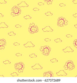 Seamless vector pattern with funny drawings for children. Fun pink suns and clouds on a yellow background. Pattern for baby fabric, clothing and accessories.