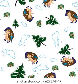 Seamless vector pattern with funny drawings for children. Merry hedgehog, Christmas trees, bushes, clouds, and birds on a white background. Pattern for baby fabric, clothing and accessories.