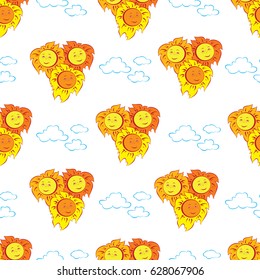 Seamless vector pattern with funny drawings for children. Cheerful yellow-orange sun and blue clouds on a white background. Pattern for baby textiles and accessories.